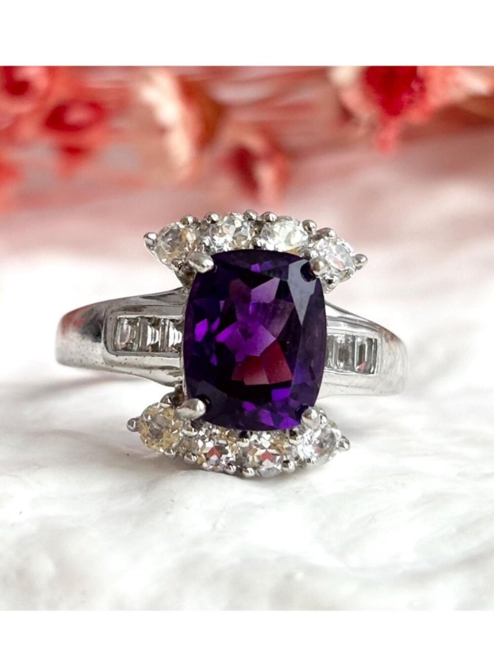 Amethyst Gemstone & CZ Framed Sterling Silver Cocktail 925 Vintage Ring sz 7.75